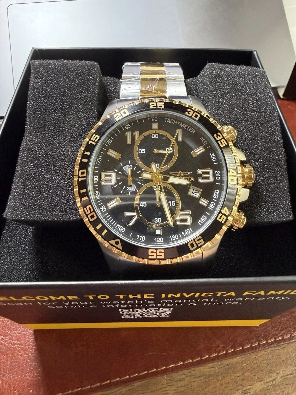 Invicta Men’s Two-Tone Chronograph Watch Black Dial Tachymeter Date Box